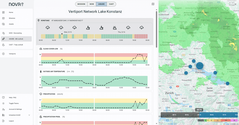 NOVA platform showing weather forecasts, environmental conditions, and vertiport network status around Lake Konstanz