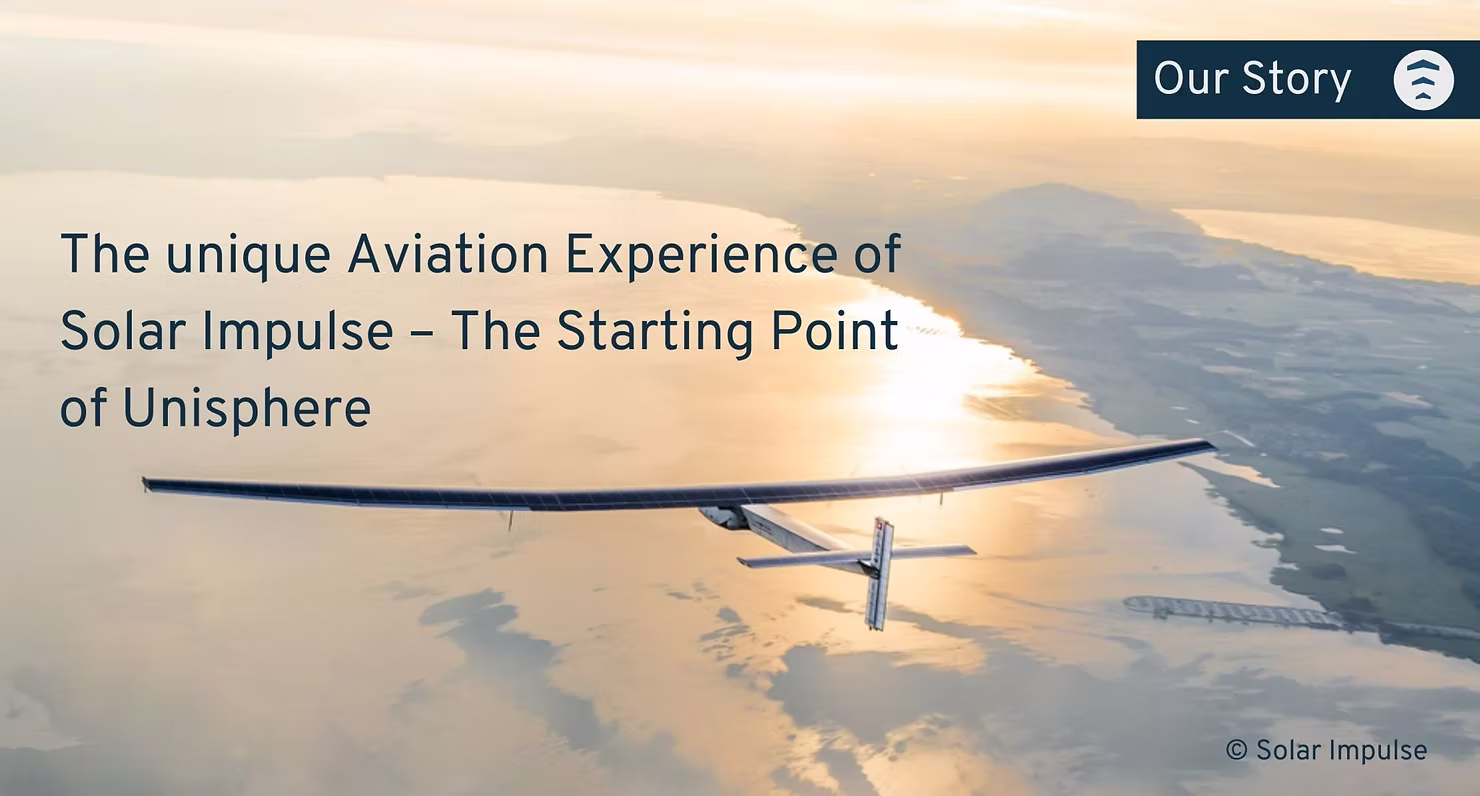 Solar Impulse – The starting point of Unisphere A photograph of a Solar Impulse 2 aircraft high above the earth with an inscription "The unique Aviation Experience of Solar Impulse – The Starting Point of Unisphere"