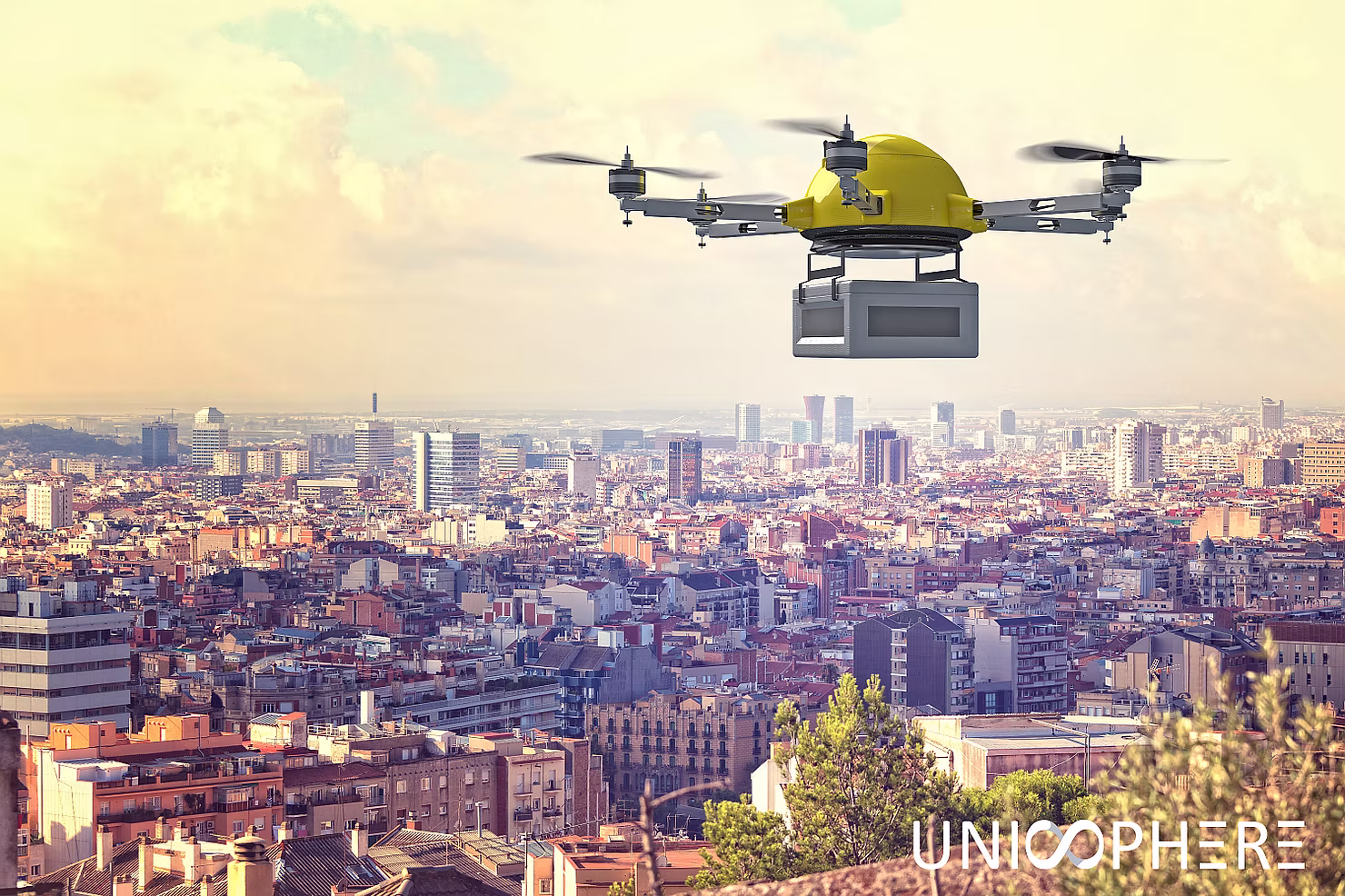 U-Space Implementation An unmanned aircraft hovering over a city with a package; in the bottom right corner is Unisphere's logo