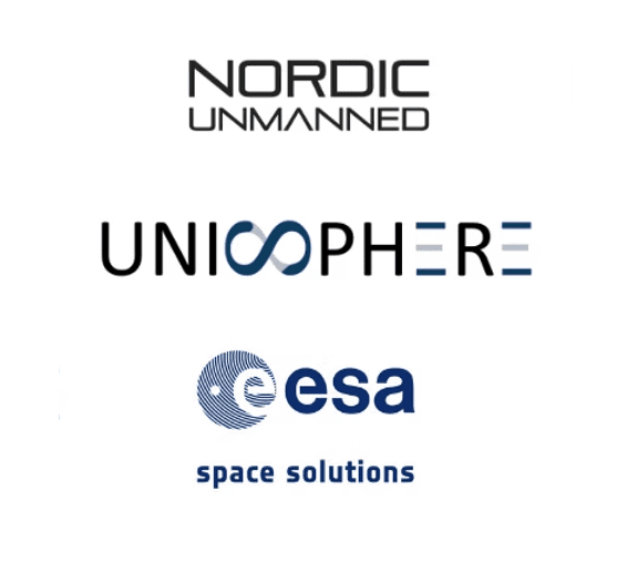 Unisphere, Nordic Unmanned, and ESA A column of logos of: Nordic Unamnned, Unisphere, and ESA Space Solutions