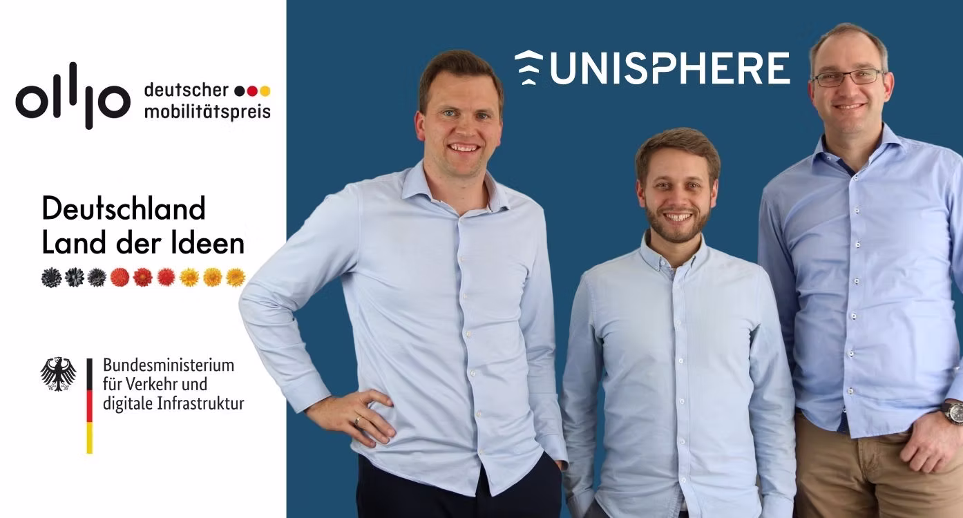 On the left there is a white block with logos of deutscher mobilitaetspreis, Deutschland Land der Ideen, and Bundesministerium fuer Verkehr und digitale Infrastruktur; on the right there is a photograph of Michael Anger, CTO and founder, Christoph Schlettig, CEO and founder, and Dr. Christoph Selig, CCO and co-founder, and the Unisphere logo above them