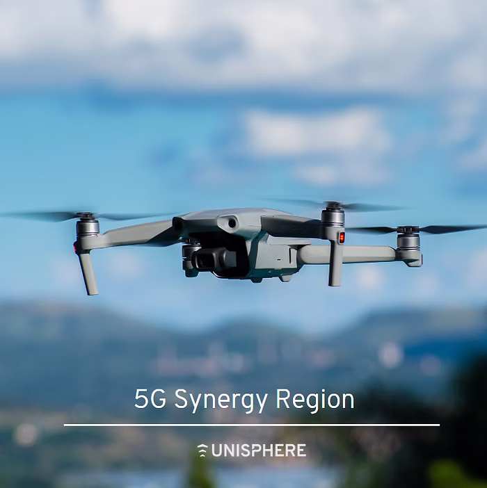 A photograph of a drone up in the air and an inscription: "5G Synergy Region", and a Unisphere logo