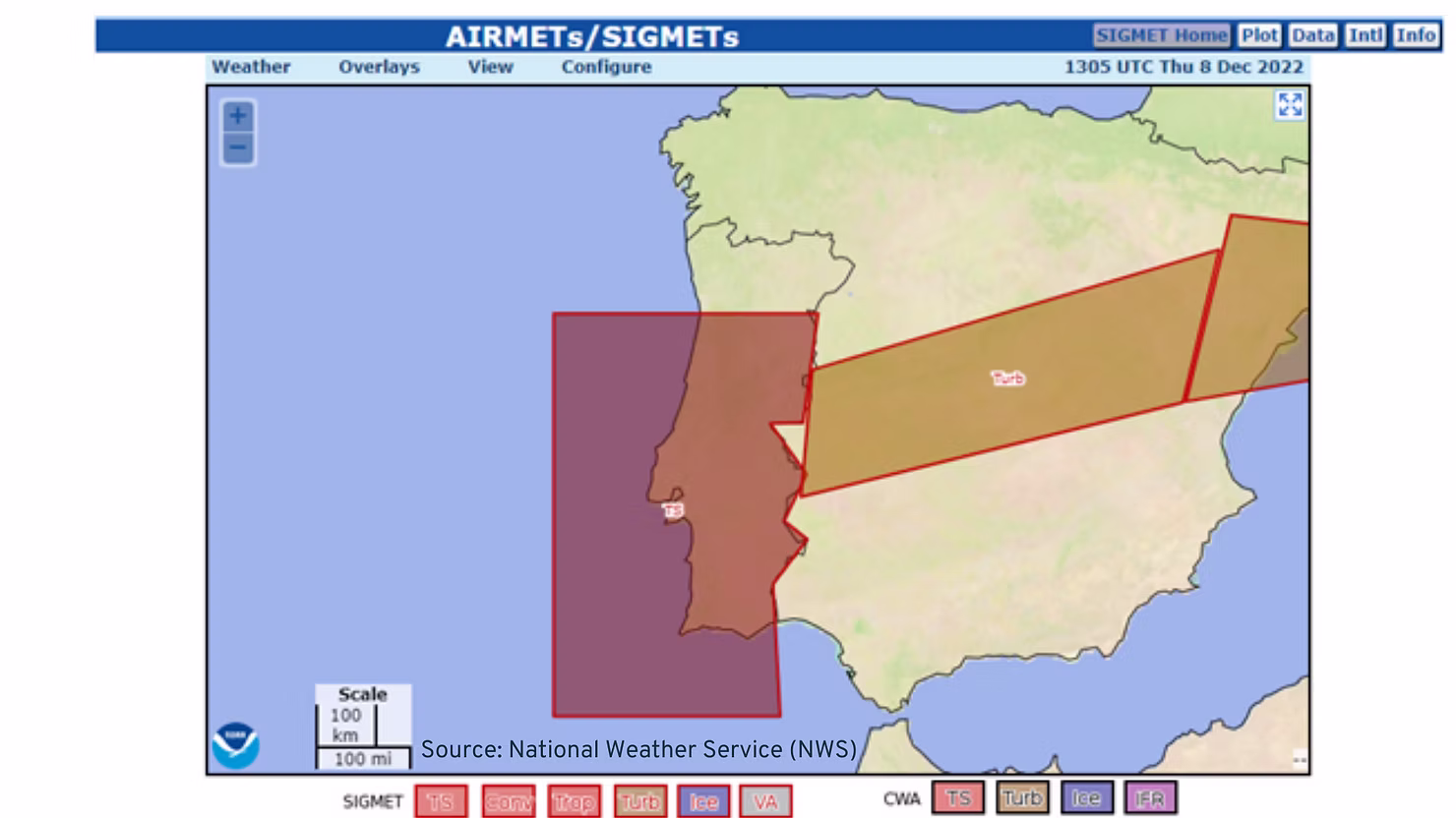 AIRMETs-SIGMETs An example of SIGMET on a map of Spain and Portugal with severe weather conditions shown as semi-transparent figures above the territories.