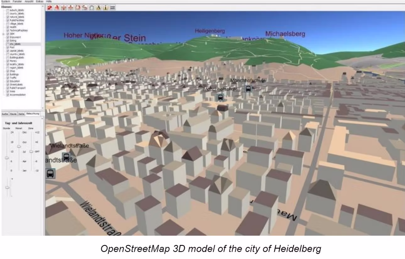 A screenshot of the OpenStreetMap software platform showing 3D model of the city of Heidelberg, DE